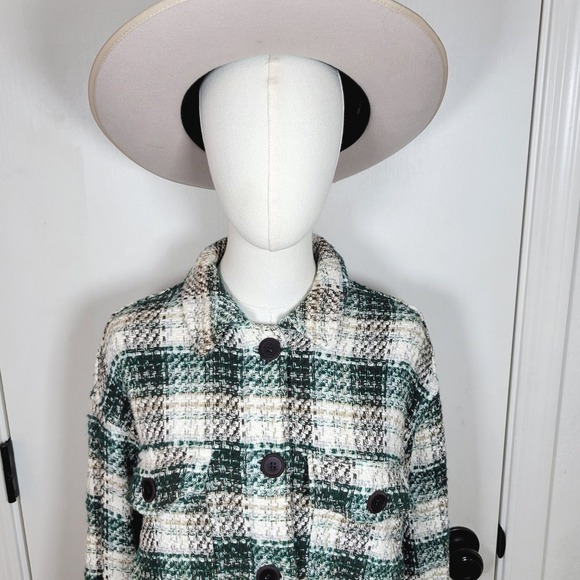 ZARA Italian Fabric Plaid Flannel Jacket Button Up Shacket Green Check M - Picture 2 of 8